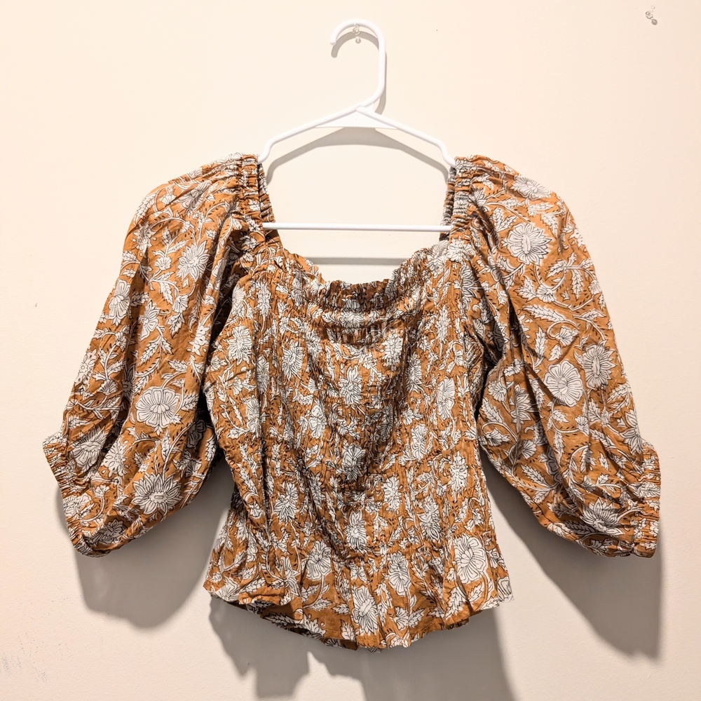 Daughters of India Tan Floral Smocked Puff-Sleeve Top - Picture 5 of 10